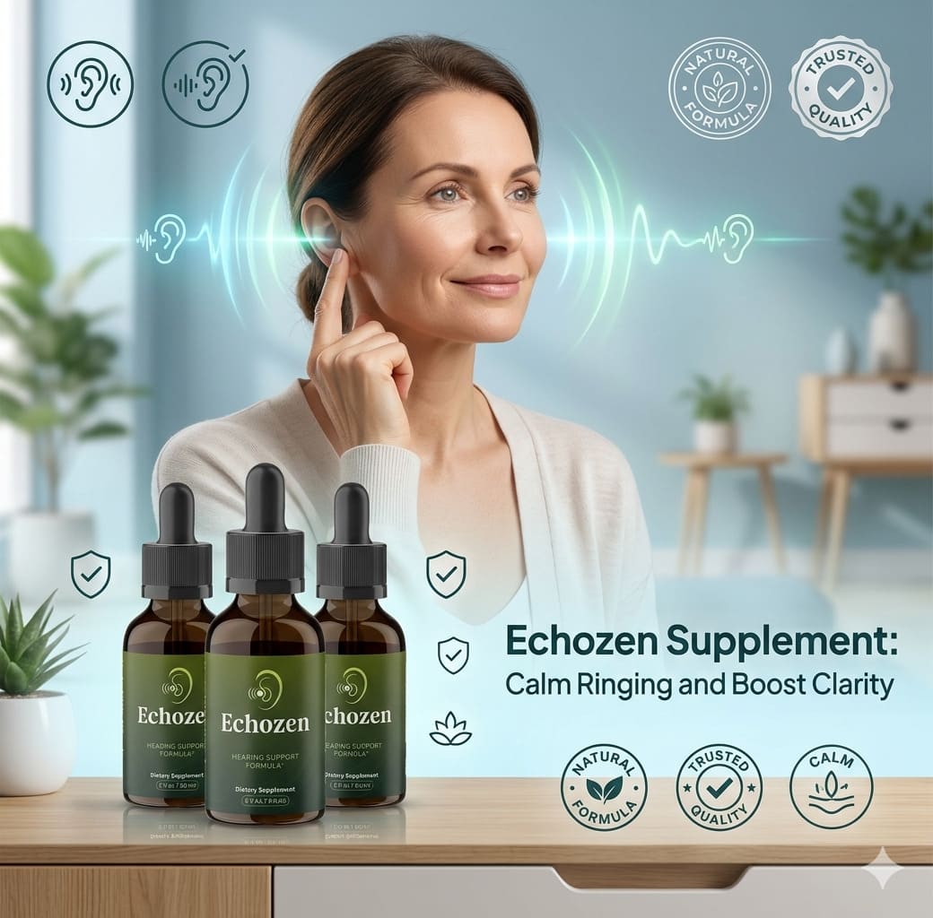 Echozen natural hearing wellness formula bottles on a table