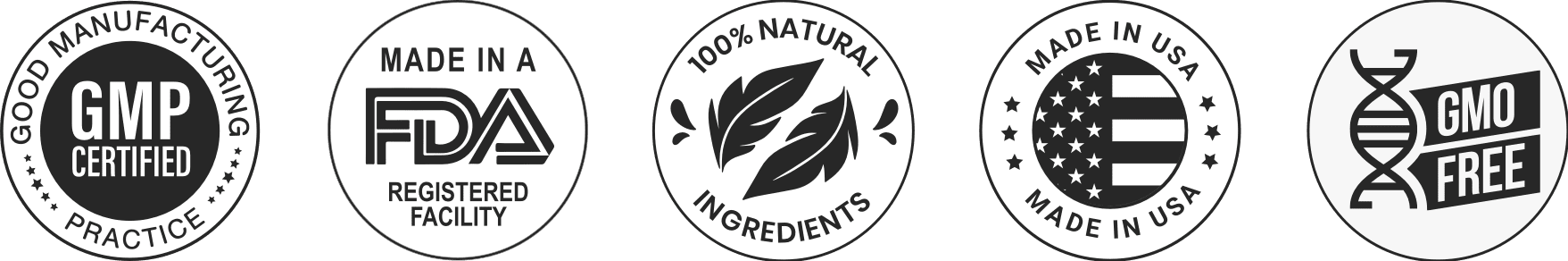 Echozen quality badges: GMP certified, made in an FDA registered facility, natural ingredients, made in USA, GMO free